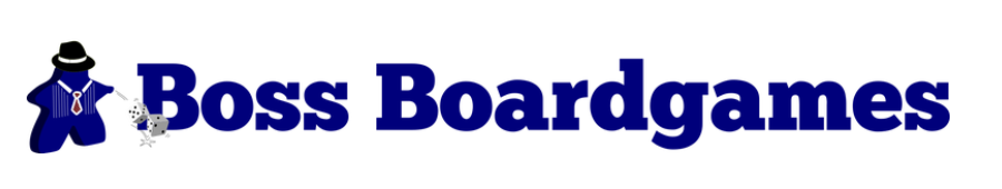 Logo for the store, has a figure throwing some dice into the title 'Boss Boardgames'